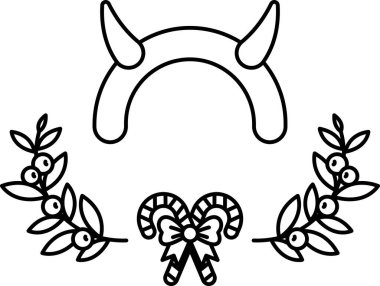 Boynuzlu bir kafanın siyah beyaz çizimi, yaylı ve bastonlu şekerler. Bu çizim bir Noel süslemesi.