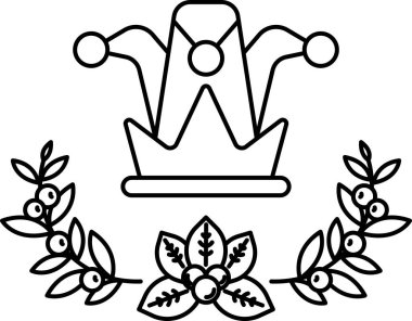 Bir soytarının taç ve şapkasının yapraklı ve dutlu siyah beyaz çizimi. Çizim bir kapris ve oyunculuk hissi veriyor.