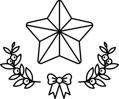 Bir yıldız yapraklar ve bir yayla çevrilidir. Yıldız görüntünün ana odak noktasıdır ve yapraklar ve yay dekoratif bir dokunuş ekler. Sahne şenlikli ve kutlayıcıdır.