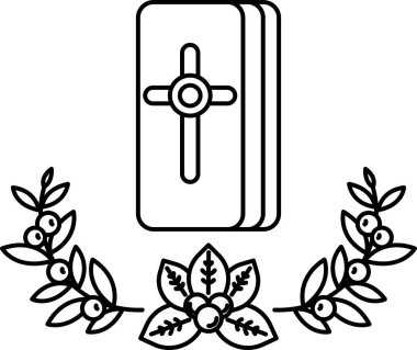 Beyaz arka planda bir haç çizilir ve etrafını yapraklardan bir çelenk sarar. Haç bir kitabın üzerine konur, o da siyahla çizilir. Maneviyat ve hürmet kavramı