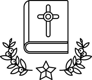 Üzerinde haç olan bir kitap yapraklar ve bir yıldızla çevrilidir. Yazılı kelimelere maneviyat ve hürmet kavramı