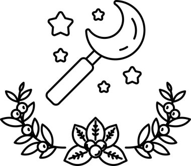 Ortasında bir çubuk olan hilal şeklindeki bir ayın siyah beyaz çizimi. Sopanın adı 