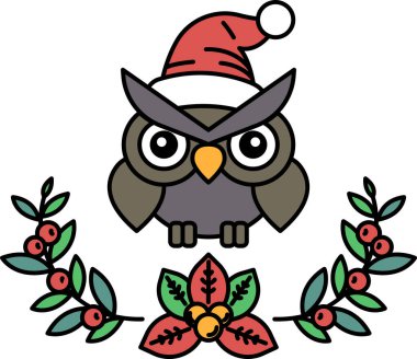 Şapka takan ve yapraklarla çevrili siyah beyaz bir baykuş resmi. Baykuşun yüzünde yaramaz bir ifade var ve yapraklar öyle bir düzenlenmiş ki, şenlik havası yaratıyor.