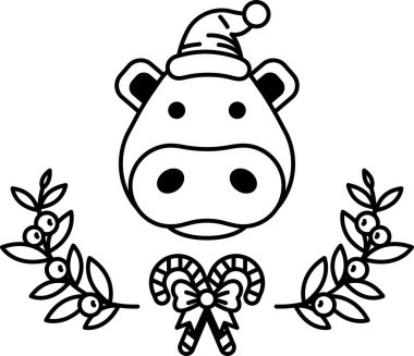 Kafasında Noel Baba şapkası olan bir inek resmi. İnek bir yaprak çelengi ve bir şeker kamışı ile çevrilidir.