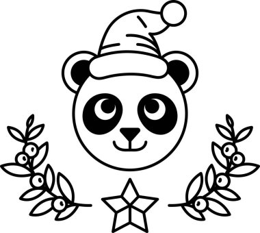 Noel Baba şapkası takan ve başında yıldız olan bir panda. Ayı gülümsüyor ve etrafı yapraklar ve meyvelerle çevrili.