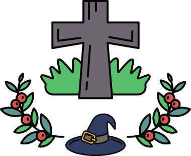 Siyah ve beyaz bir çizimin ortasına bir haç çizilir. Haç yapraklar ve bir cadının şapkasıyla çevrili. Cadının şapkası yere konur ve yapraklar etrafa saçılır.