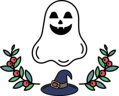 Siyah şapkalı ve yüzünde bir gülümseme olan bir hayalet. Hayalet yapraklar ve böğürtlenlerle çevrili