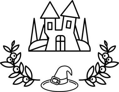 Üzerinde cadı şapkası olan bir kale. Kale yapraklardan bir çelenkle çevrili.