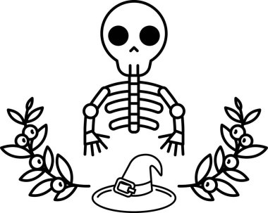 Bir iskelet bir şapka ve yaprakların yanında duruyor. İskelet bir şapka takıyor ve şapka bir sapın üzerinde.