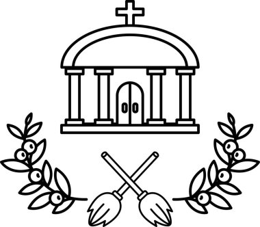 Üstünde haç ve altında iki süpürge olan bir kilise. Süpürgeler birbirinin üstüne geçmiş.