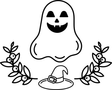 Siyah şapkalı ve yüzünde bir gülümseme olan bir hayalet. Hayalet yapraklar ve böğürtlenlerle çevrili