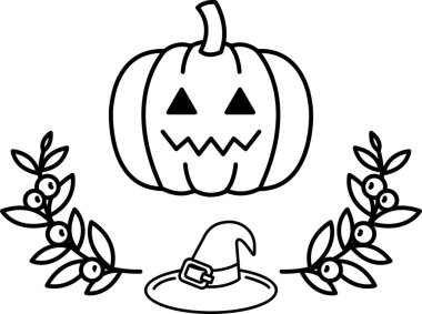 Korkunç yüzlü ve cadı şapkalı bir balkabağı. Balkabağı yapraklar ve meyvelerle çevrilidir.