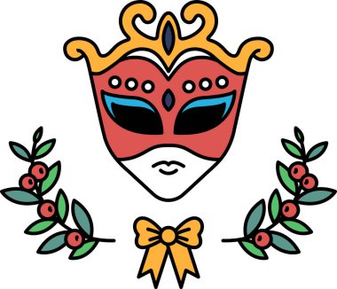 Bir yay ve yaprakla bir maskenin siyah beyaz çizimi. Maske görüntünün ana odak noktasıdır, ama yay ve yapraklar genel tasarıma bir zarafet ve karmaşıklık hissi ekler.