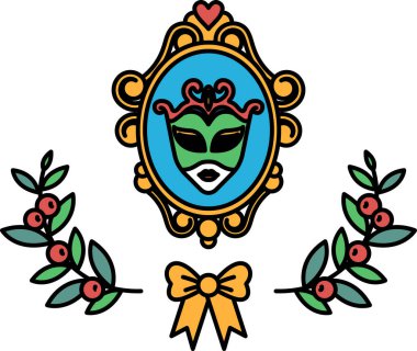 Bir yay ve yaprakla bir maskenin siyah beyaz çizimi. Maske bir çerçeve ve bir yay ile çevrilidir. Sahne zarif ve sofistike.