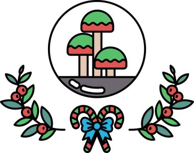 Üzerinde üç mantar olan siyah beyaz bir Noel ağacı çizimi. Mantarlar yapraklardan bir çelenkle çevrili.