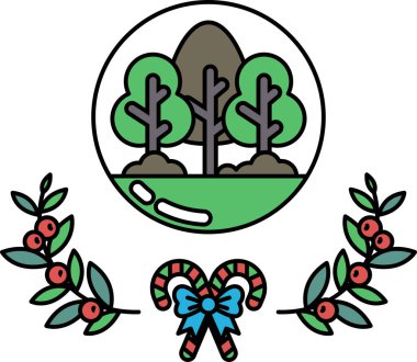 Çelenk ve bastonlu bir ağacın siyah beyaz çizimi. Çelenk yapraklardan yapılmış ve şeker kamışı bir yayla sarılmış. Sıcaklık ve şenlik kavramı