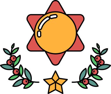 Bir yıldızın ve etrafını saran yaprakların olduğu siyah beyaz bir güneş çizimi. Güneş, çizimin ana odak noktasıdır. Yapraklar ve yıldızlar doğaya ve bileşime bir denge duygusu ekler.