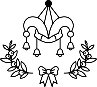 Üzerinde çanlar asılı olan siyah beyaz bir avize çizimi. Avize bir yaprak çelengi ve bir yay ile çevrilidir. Sahne zarif ve şenliktir, avize gibi.