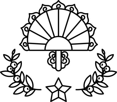 Siyah beyaz bir yelpazenin yıldız ve yapraklarla çizimi. Vantilatör görüntünün merkezinde ve yıldız ve yapraklar onu çevrelemiş durumda. Görüntü basit ve zarif bir tasarıma sahip.