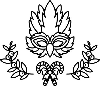 Siyah beyaz bir maske ve yapraklı bir çelenk. Resmin şenlikli ve zarif bir havası var.