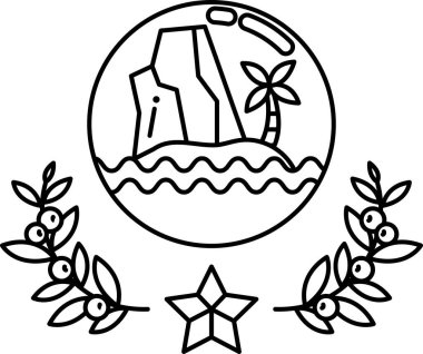 Üzerinde taş ve palmiye ağacı olan siyah beyaz bir plaj çizimi. Bir yıldız ve çelenk çizimi.