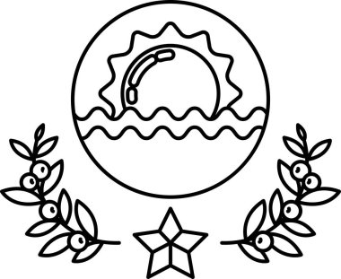 Yapraklı ve yıldızlı bir güneş ve suyun siyah beyaz çizimi. Güneş çemberin merkezinde ve su onu kuşatıyor.