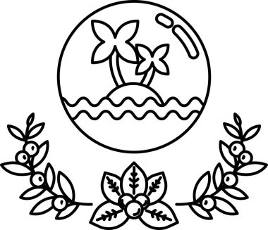 Ortasında büyük bir küre olan bir plaj sahnesinin siyah beyaz çizimi. Küre yapraklardan ve çiçeklerden oluşan bir çelenkle çevrilidir. Sahne sakin ve sakin, kumsalda.