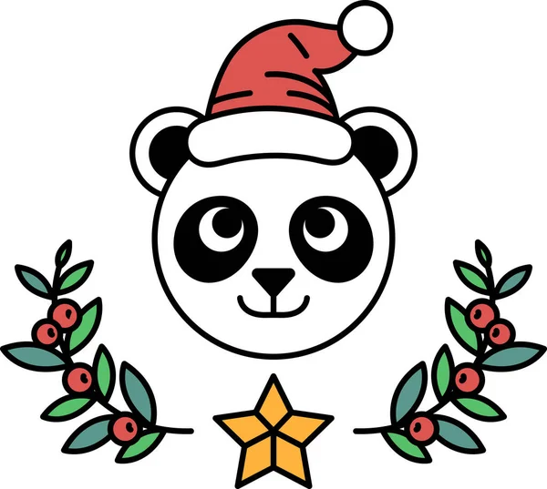 Noel Baba şapkası takan ve başında yıldız olan bir panda. Ayı gülümsüyor ve etrafı yapraklar ve meyvelerle çevrili.