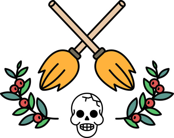 Над друг другом скрещены метла и череп. Метла черная, а череп белый.