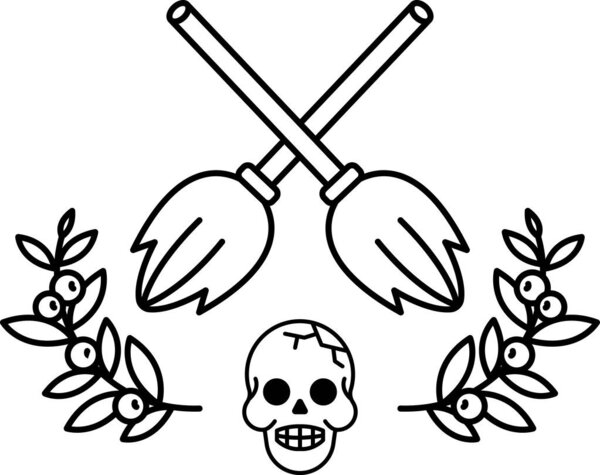 Над друг другом скрещены метла и череп. Метла черная, а череп белый.