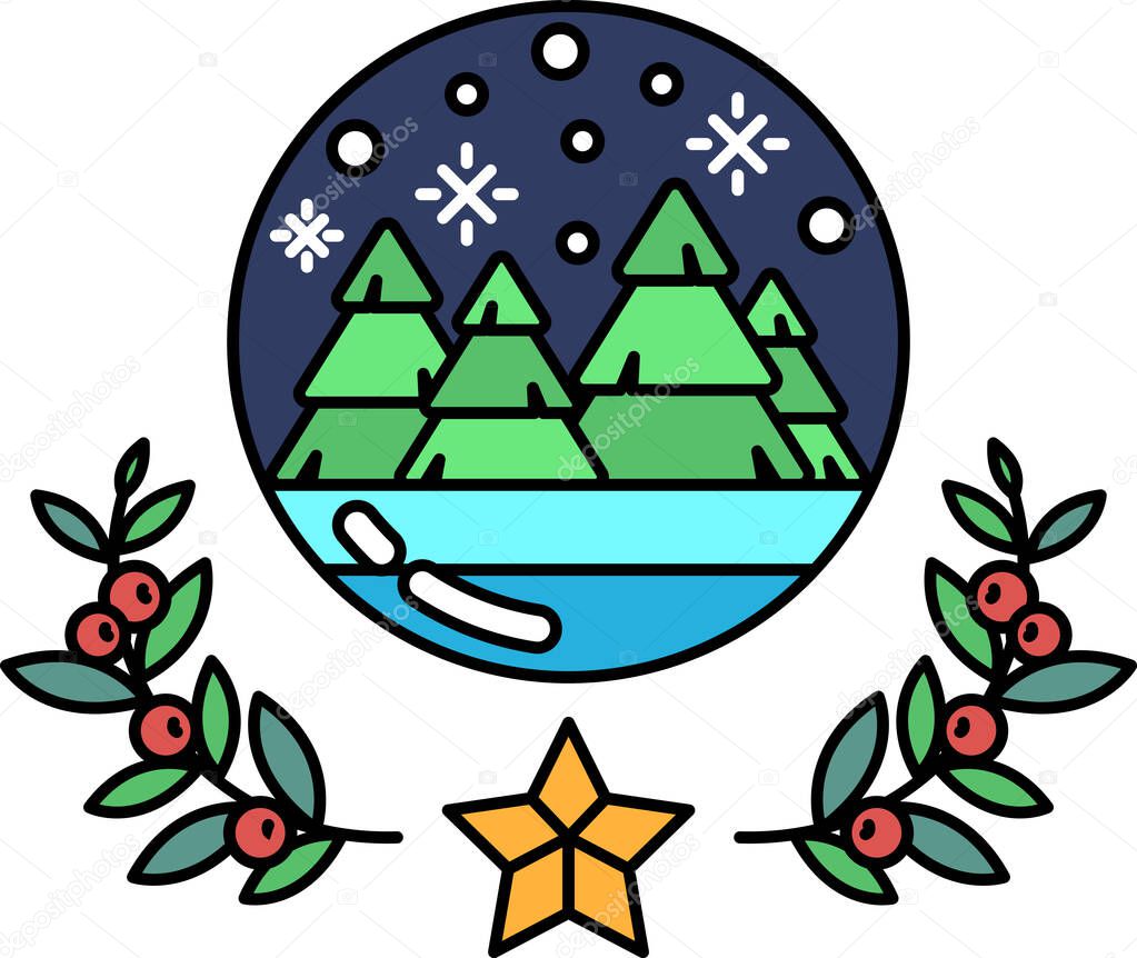 A black and white drawing of a snow globe with a star and leaves. The drawing conveys a sense of warmth and coziness, as the snow globe