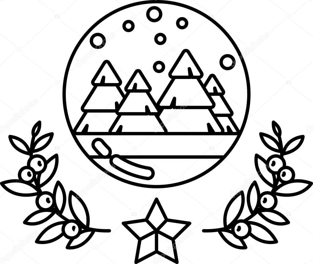 A black and white drawing of a snow globe with a star and leaves. The drawing conveys a sense of warmth and coziness, as the snow globe