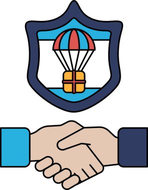 Arkalarında bir kalkan ile el sıkışan iki elin siyah beyaz çizimi. Kalkanın üzerinde bir balon var.