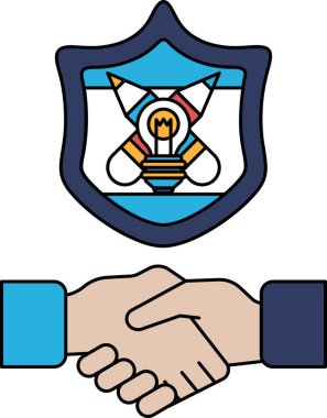 Arkalarında bir kalkan ile iki kişi arasında bir tokalaşma gösterilir. Kalkanın üzerinde bir ampul var. İki kişi arasındaki işbirliği ve anlaşma kavramı