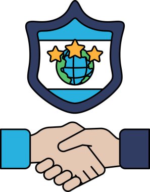 Üzerinde üç yıldız ve bir küre olan bir kalkan. İki kişi arasında bir tokalaşma. Kalkan bir koruma sembolü ve tokalaşma da anlaşmanın sembolü.