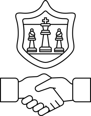 Arkalarında bir kalkan ile titreyen iki elin siyah beyaz görüntüsü. Kalkanın üzerinde üç satranç taşı var. El sıkışmayla sembolize edilen iki taraf arasında güçlü bir bağ veya anlaşma kavramı