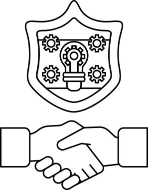 Arkalarında bir kalkan ile iki kişi arasında bir tokalaşma gösterilir. Kalkanda bir fikir ya da yeni bir kavramı temsil eden bir ampul var.