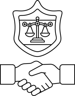 Siyah beyaz bir çizim, iki el bir kalkanın önünde, pulları ve tokmağı olan el sıkışıyor.