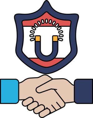 Arkalarında bir kalkan ile el sıkışan iki elin siyah beyaz çizimi. Kalkanda 