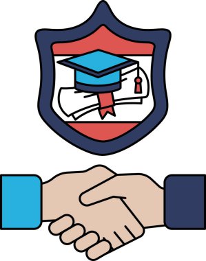 Mezuniyet şapkası ve diploması olan iki kişi arasında bir tokalaşma. Başarı ve başarı kavramı