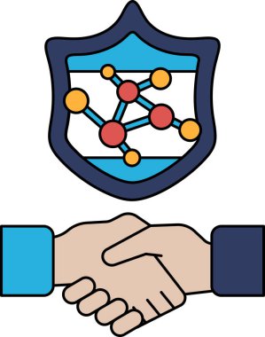 Arka planda bir kalkan ile iki kişi arasında bir tokalaşma gösterilir. Kalkan koruma ve güvenliğin sembolüdür. El sıkışma, iki kişi arasındaki güven ve anlaşmayı temsil ediyor.