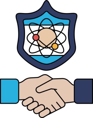 Arkalarında bir kalkan ile iki kişi arasında bir tokalaşma gösterilir. Kalkanın üzerinde bir nükleer bomba sembolü var. İki ülke arasındaki barış ve işbirliği kavramı