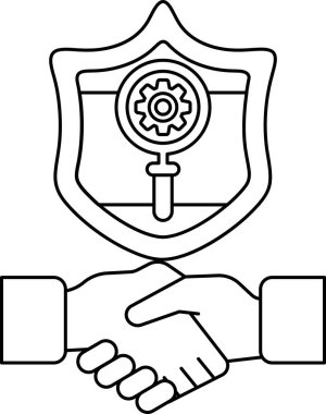 Arka planda bir kalkan ile titreyen iki elin siyah beyaz görüntüsü. Kalkanın üzerinde bir vites var. İki kişi arasındaki güven ve işbirliği kavramı