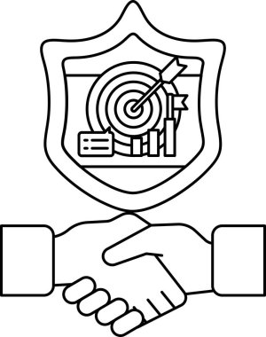 Üzerinde hedef olan bir kalkan ve üstünde de bir el. Kalkan korumayı temsil ediyor ve hedef de bir hedef veya hedefi temsil ediyor. Kalkanın üstündeki el sıkışmayı temsil ediyor.