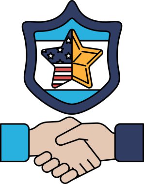 Siyah ve beyaz bir görüntü, arka planda yıldızlar ve kalkanla titreyen iki elin görüntüsü. Kalkan ve yıldızlar bir onur rozeti ya da koruma sembolü.