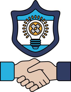 Üzerinde ampul olan bir kalkanın önünde el sıkışan iki elin siyah beyaz çizimi.