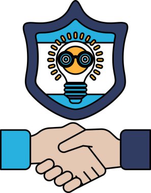 Ortasında bir ampulle titreyen iki elin siyah beyaz görüntüsü. Ampul bir kalkan ile çevrilidir. İşbirliği ve yenilik kavramı