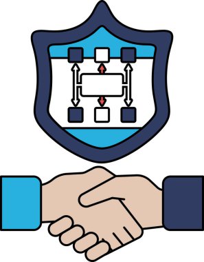 Arkalarında bir kalkan ile titreyen iki elin siyah beyaz görüntüsü. Kalkanın düğümlerden oluşan bir bilgisayar sistemi dizaynı var. İki taraf arasındaki işbirliği ve güven kavramı