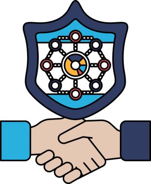 Arka planda bir kalkan ile titreyen iki elin siyah beyaz görüntüsü. Kalkanın üzerinde bir sürü nokta var ve bir daire ile çevrili. İki kişi arasındaki güven ve anlaşma kavramı