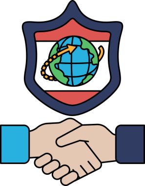 Arka planda bir kalkan ile iki kişi arasında bir tokalaşma gösterilir. Kalkanın üzerinde bir küre var. Dünyanın farklı yerlerinden insanlar arasındaki birlik ve işbirliği kavramı